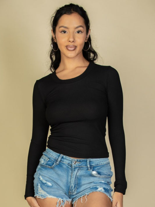 Black Ribbed Crew Neck Top