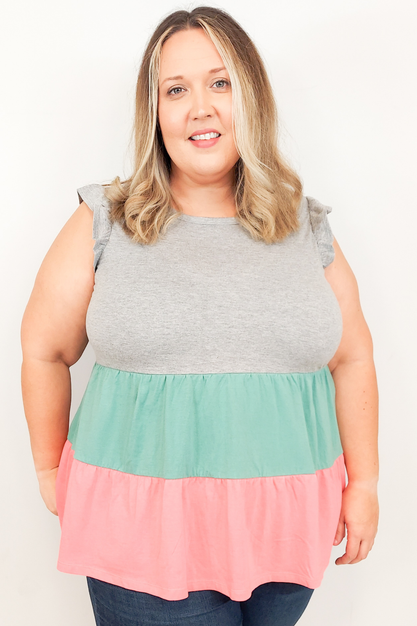 Megan Ruffle Sleeve Colorblock Tiered Peplum Tunic