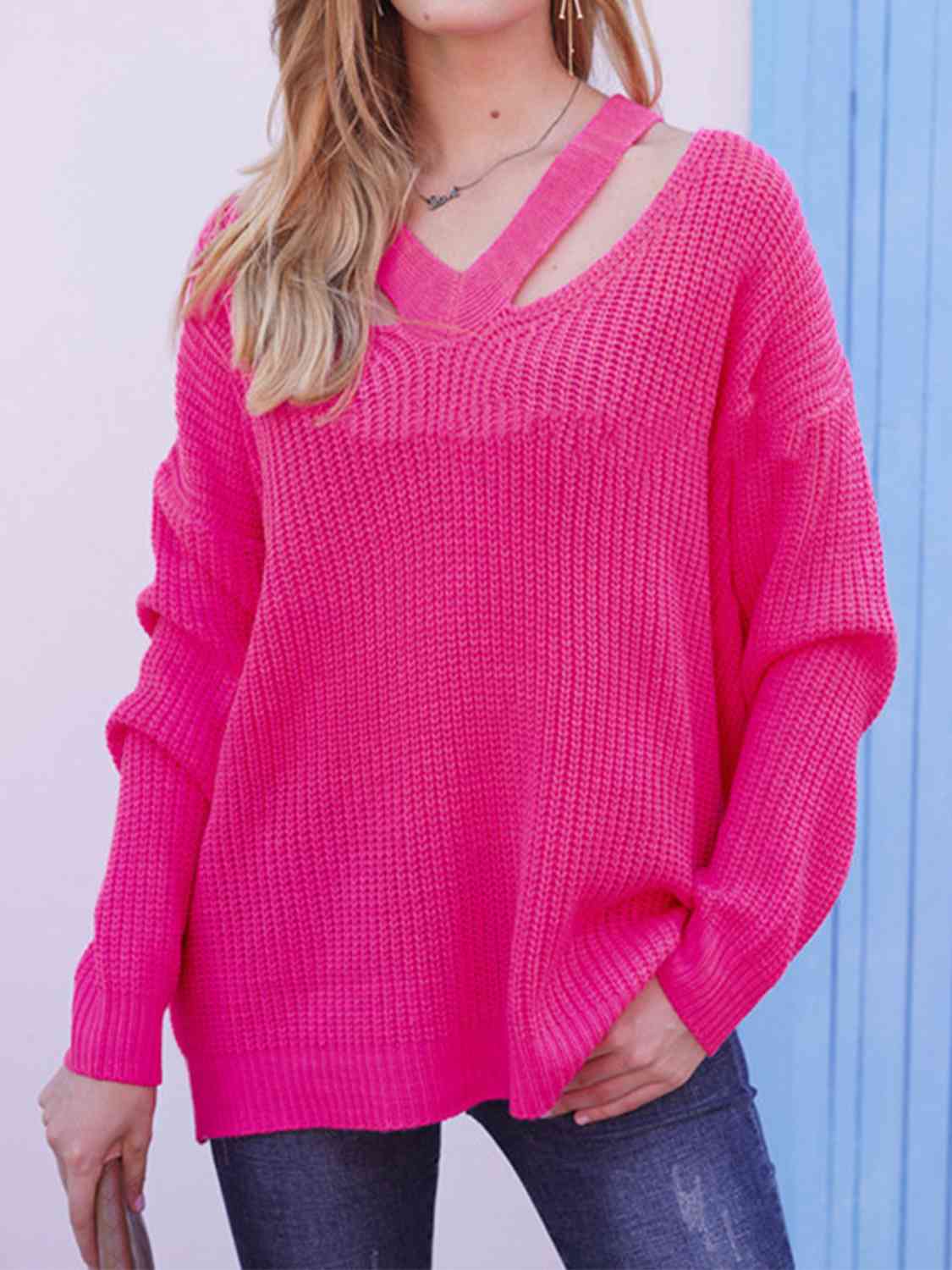 Full Size Cutout V-Neck Rib-Knit Sweater