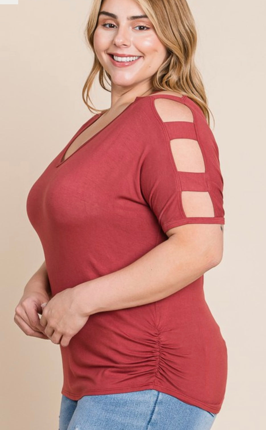 Marsala Cut Out Ruched Tee