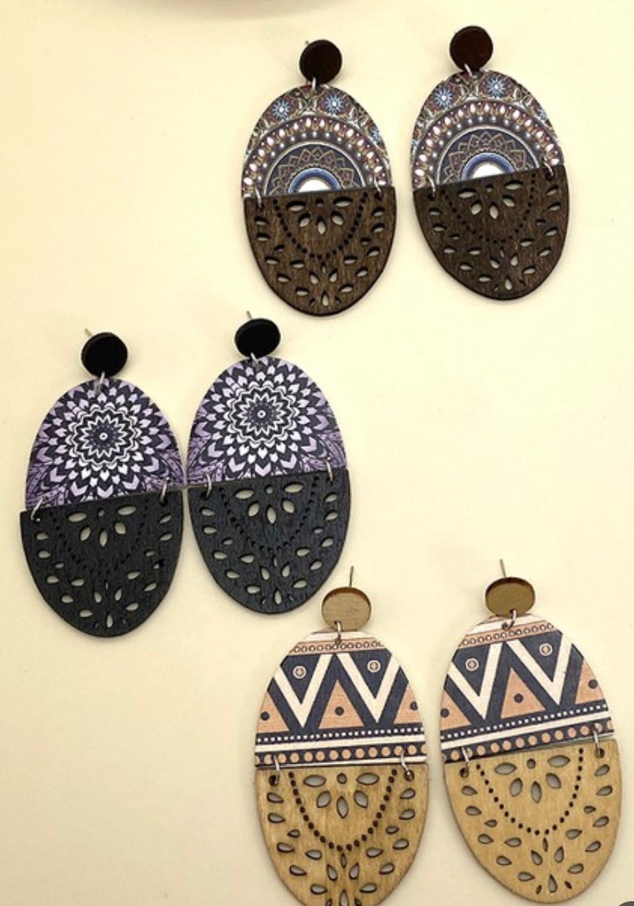 Wood Aztec print drop earrings